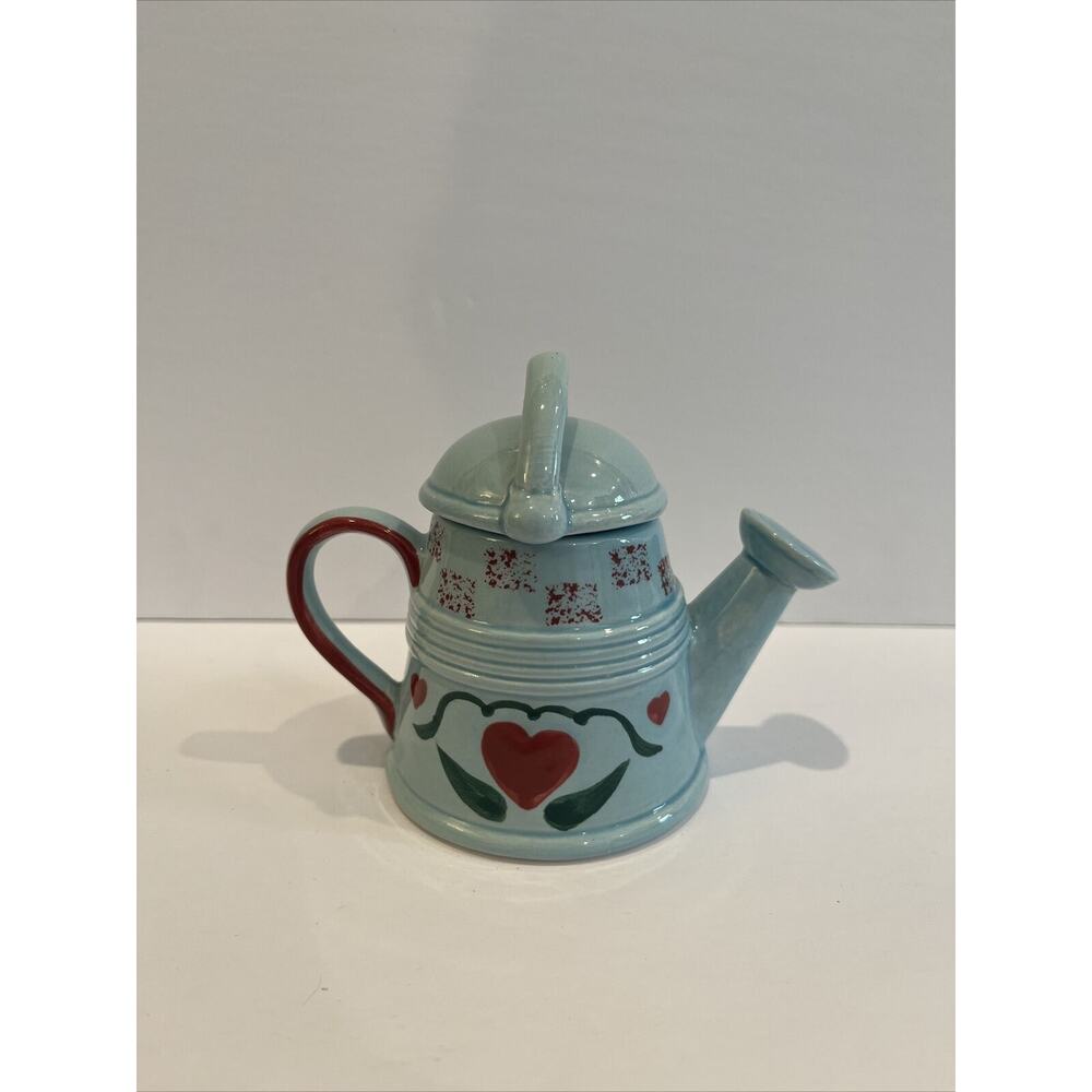 CS Light Blue W/ Hand Painted Heart Design Mini Ceramic Decorative Watering Can